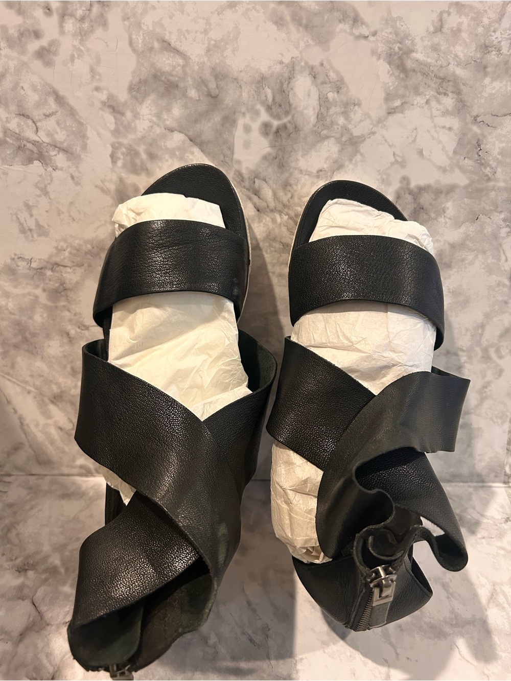 Eileen Fisher Black Leather Crisscross Wedge Sandals